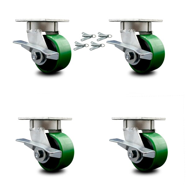 4 Inch Kingpinless Green Poly on Steel Wheel Caster Set Brake and Swivel Lock